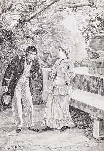 Image from 1894 French book, about the New Adventures of the nephew of Robinson. Black and white illustrations of the era and culture of maritime advenure.\nHer we see an admiral courting and taking his hat of to a beautiful lady, by a stone bench.