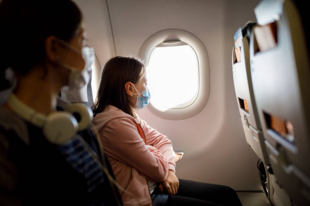 istock Kids with face protective mask traveling by an airplane 1268533497