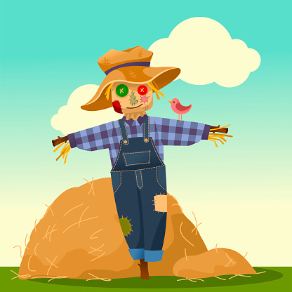 Cartoon Color Scarecrow Character on a Landscape Scene Flat Design Style. Vector illustration of Protection Farm and Harvest