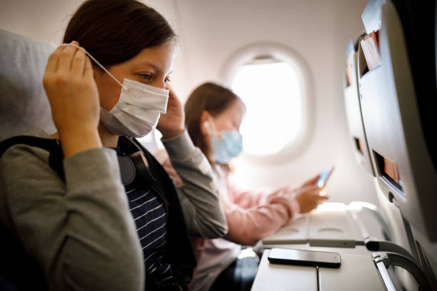 istock Kids with face protective mask traveling by an airplane 1268534778