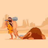 Cartoon Color Character Person Primitive Caveman with Cudgel after Hunting Concept Flat Design Style. Vector illustration