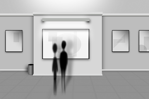 Sparse design with silhouette of couple studying art at an exhibition