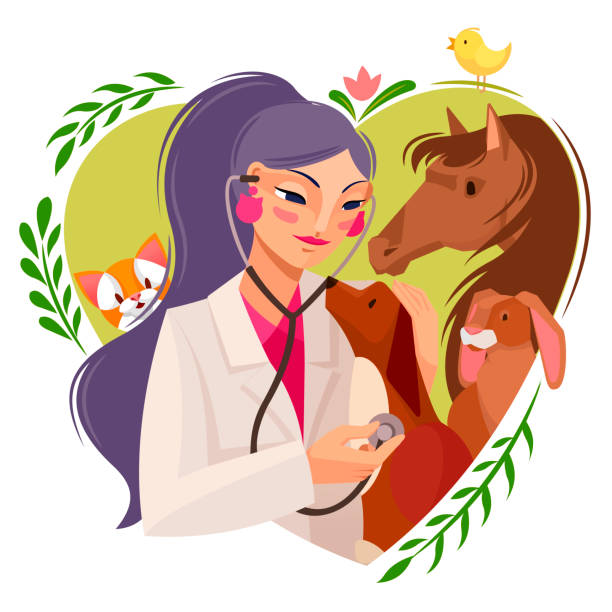 ilustraciones, imágenes clip art, dibujos animados e iconos de stock de cartoon color character girl veterinary concept. vector - vet dog teenager puppy