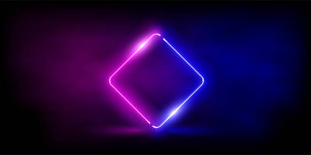 istock Neon rhombus shape or laser glowing pink and blue lines in fog 1268535353
