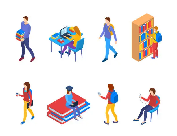 Vector illustration of Color Characters Different College Students 3d Icons Set Isometric View. Vector