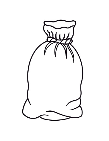  Contorno Dibujos animados Cerrado Saco de lona de arpillera para productos Bolsa para línea de carga Elemento de diseño de arte Aislado Doodle Página de libro para colorear Ilustración de stock