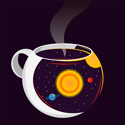 Creative conceptual vector illustration. Poster with coffee cup mug with outer space cosmos and planets stars.