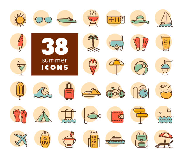 ilustrações de stock, clip art, desenhos animados e ícones de summer vector flat icons set - suntan lotion symbol ice umbrella
