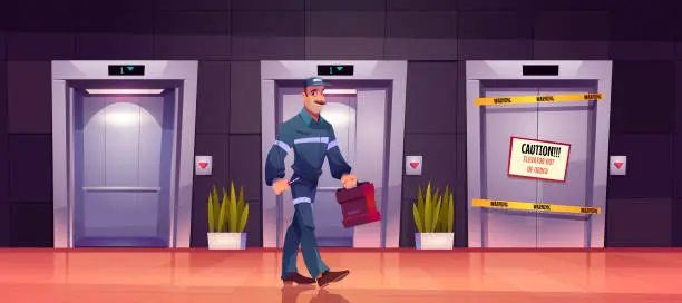 Vector illustration of Technician mechanic at broken elevator maintenance