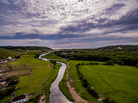 Aerial shot of the Ewenny River in Ogmore Valley