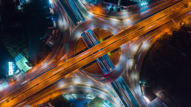 Aerial view Time lapse or Hyper lapse Motion of road traffic intersection,telecommunications and transportation concept