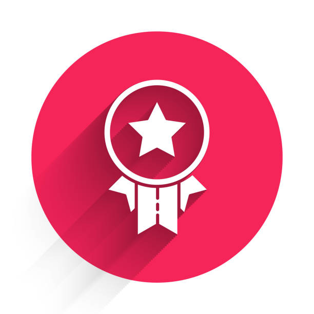 White Medal with star icon isolated with long shadow. Winner achievement sign. Award medal. Red circle button. Vector Illustration White Medal with star icon isolated with long shadow. Winner achievement sign. Award medal. Red circle button. Vector Illustration title tag stock illustrations
