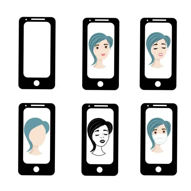 Vector illustration of Girl with blue hair on the phone screen. Emotions of a woman on the screensaver of a smartphone. Remote communication using gadgets. Stock vector illustration for business, internet, social networks.