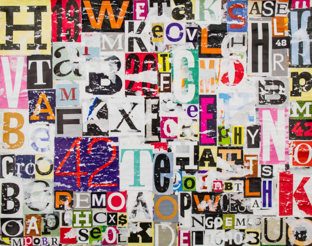 istock Colorful abstract collage from clippings with letters and numbers texture background. Torn and peeling pieces of magazine paper with shabby surface. 1268547481
