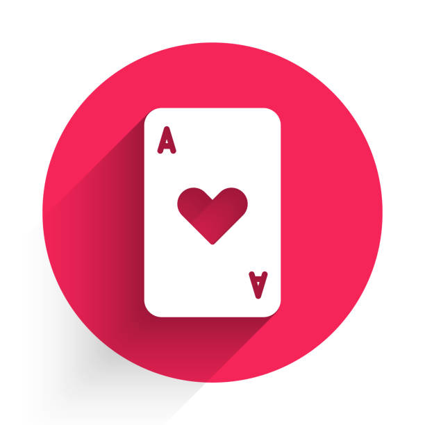 weiße spielkarte mit herzsymbol-symbol isoliert mit langem schatten. casino-glücksspiel. roter kreis-taste. vektor-illustration - ass stock-grafiken, -clipart, -cartoons und -symbole