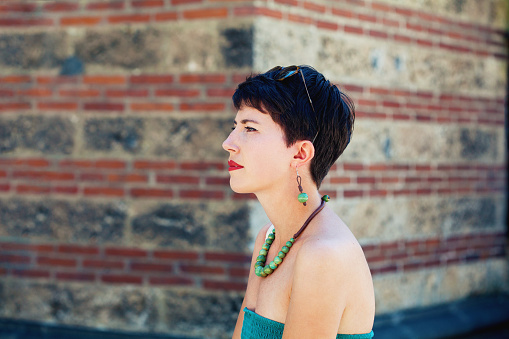 Portrait of a sad woman with short hair