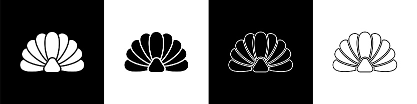 Set Scallop sea shell icon isolated on black and white background. Seashell sign. Vector Illustration