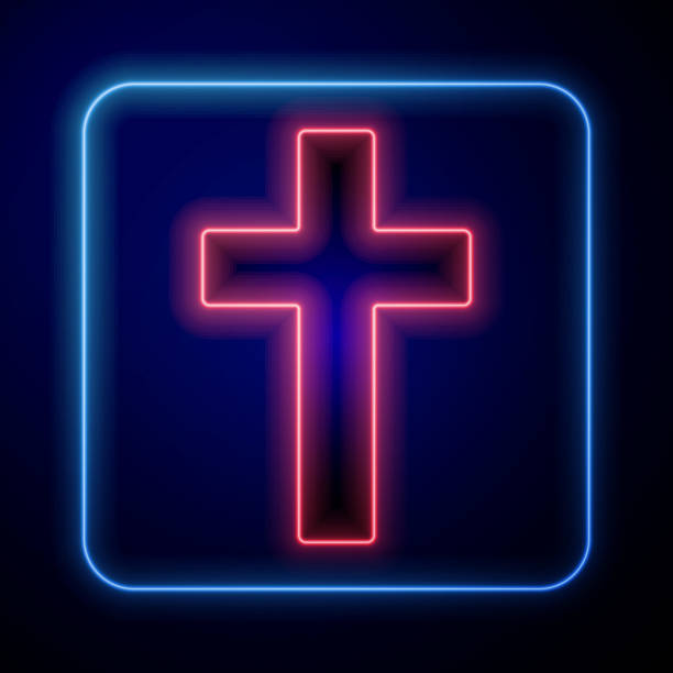 светящийся неоновый христианский крест значок изолированы на синем фоне. церковный крест. иллюстрация вектора - religious symbol cross shape cross abstract stock illustrations