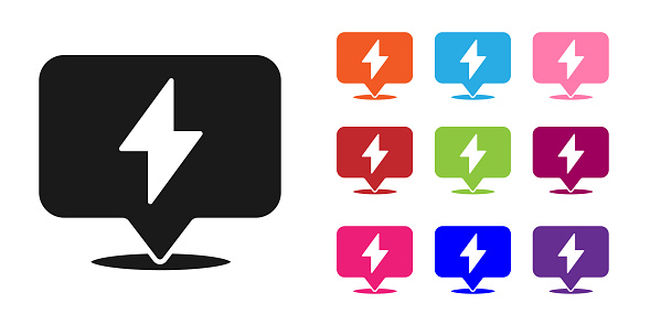 Black Lightning bolt icon isolated on white background. Flash icon. Charge flash icon. Thunder bolt. Lighting strike. Set icons colorful. Vector Illustration