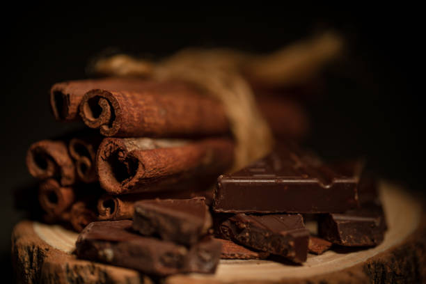 composition of coffee beans, shecolade, cinnamon and cocoa