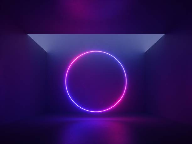 istock 3d render, abstract geometric ultraviolet background, neon light, glowing ring, round frame levitates inside the empty dark room 1268548777