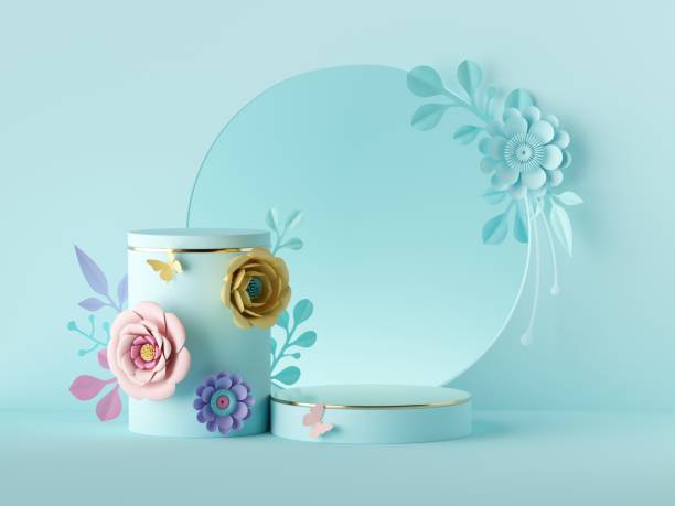istock .3d render, abstract holiday botanical pastel blue background. Blank floral poster mockup. Round frame, craft paper flowers. Shop product display, showcase stand, empty podium, vacant pedestal stage 1268548791