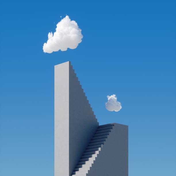 istock 3d render, abstract cloudscape on a sunny day, white cloud hangs above the high concrete stairs, skyscraper under the blue sky. Modern minimal surreal background, challenge concept 1268548876