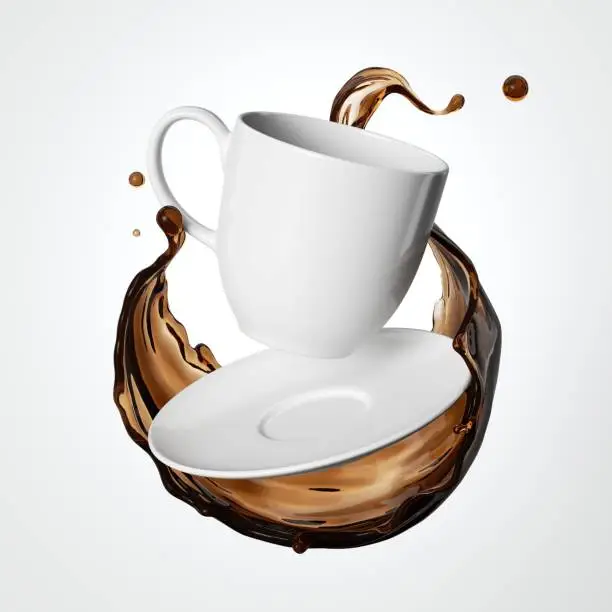 3d render, cup of coffee or tea, white porcelain tableware and brown liquid splash levitating, isolated on white background