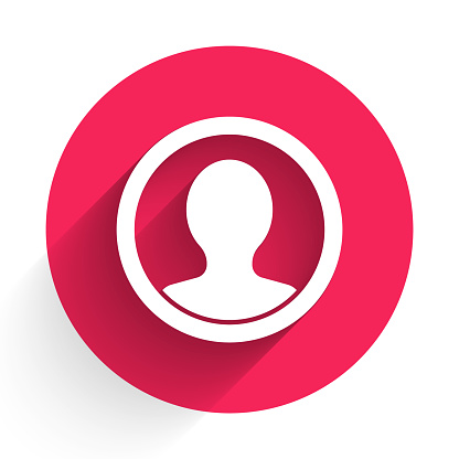 White Create account screen icon isolated with long shadow. Red circle button. Vector Illustration