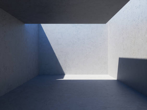 istock 3d render, abstract futuristic urban background. Daylight and shadow inside the empty room with concrete walls and floor. Modern architectural concept. 1268548926