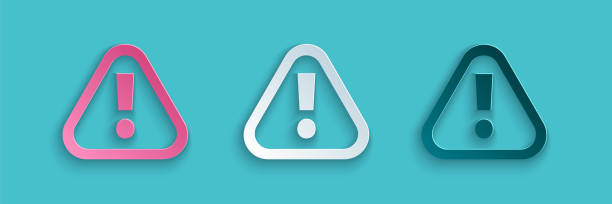 ilustrações de stock, clip art, desenhos animados e ícones de paper cut exclamation mark in triangle icon isolated on blue background. hazard warning sign, careful, attention, danger warning important. paper art style. vector illustration - sinal de advertência