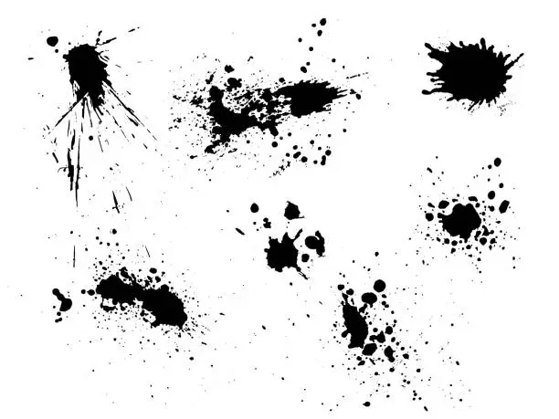 Vector illustration of Vector black and white ink splash, blot and brush stroke, spot, spray, smudge, spatter, splatter, drip, drop, ink blob Grunge textured elements for design, background.