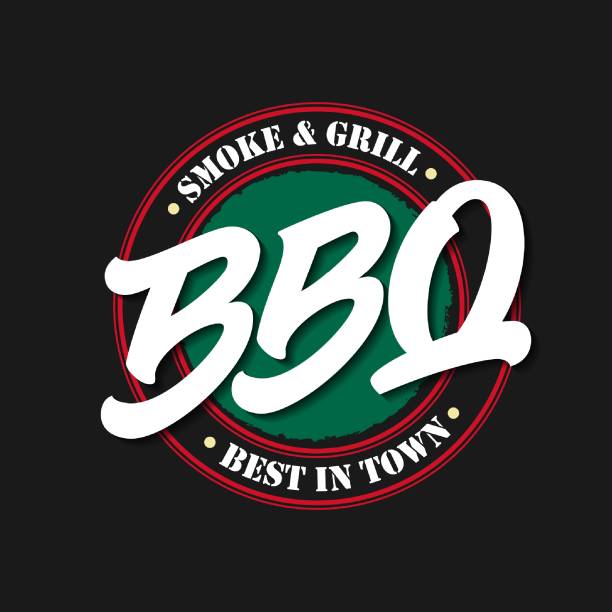 BBQ food label. Vector illustration with hand drawn bold lettering typography, best in town smoke and grill text isolated on black background. Logo design template for barbecue restaurant, bar menu BBQ food label. Vector illustration with hand drawn bold lettering typography, best in town smoke and grill text isolated on black background. Logo design template for barbecue restaurant, bar menu bbq logos stock illustrations