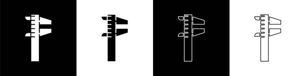 legen sie calliper oder sättel fest und skalieren sie das symbol isoliert auf schwarzem und weißem hintergrund. präzisionsmesswerkzeuge. vektor-illustration - ruler measuring instrument of measurement white stock-grafiken, -clipart, -cartoons und -symbole