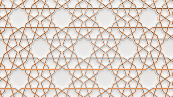 Islamic pattern - Islamic ornament , Persian motif . Ramadan concept round elements Stars . Geometric circular ornamental Arabic symbol . Gold and White abstract background . 3d illustration