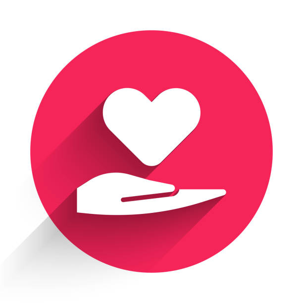 White Heart on hand icon isolated with long shadow. Hand giving love symbol. Valentines day symbol. Red circle button. Vector Illustration White Heart on hand icon isolated with long shadow. Hand giving love symbol. Valentines day symbol. Red circle button. Vector Illustration heart health stock illustrations