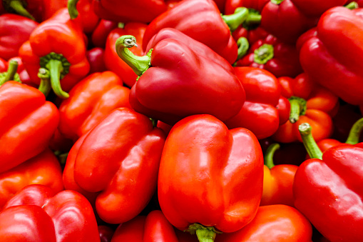 New crop of juicy red bell pepper. Fresh vegetables, healthy food