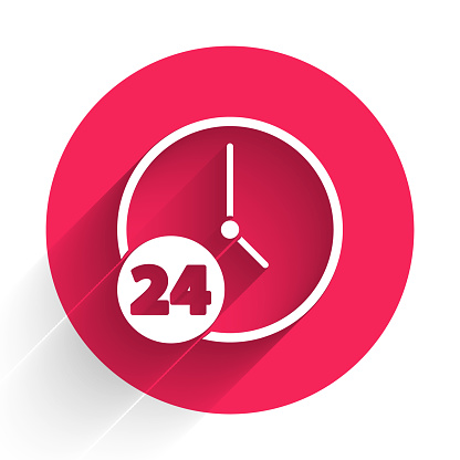 White Clock 24 hours icon isolated with long shadow. All day cyclic icon. 24 hours service symbol. Red circle button. Vector Illustration
