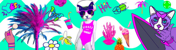 Contemporary zine art collage. Kitty beach mood. Vacation vibes stock photo