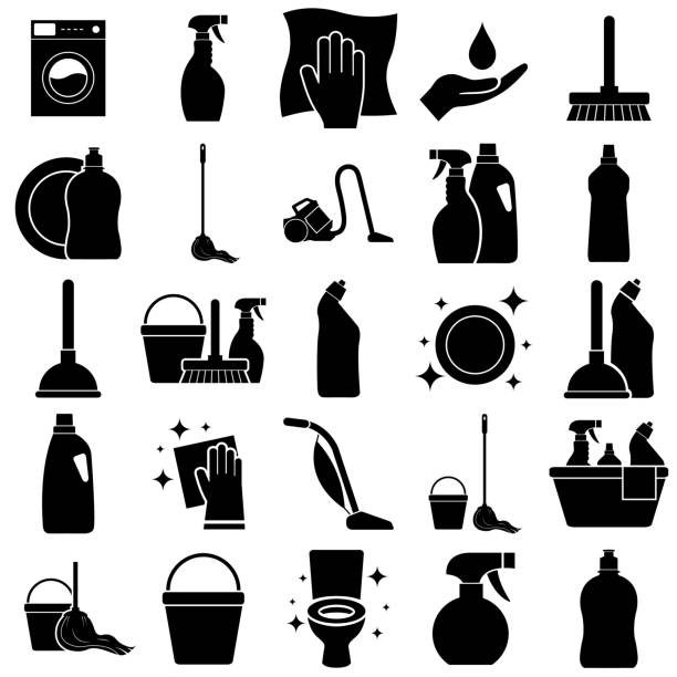 ikona czyszczenia, firma sprzątająca, czyszczenie, logo izolowane na białym tle - cleaning fluid stock illustrations