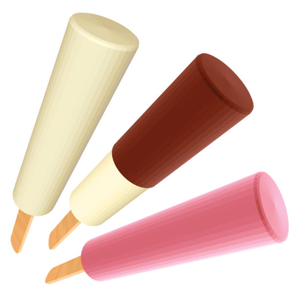 Sundae Chocolate and Strawberry Popsicles Sundae Chocolate and Strawberry Popsicles in Perspective Isolated on White. White Brown and Pink Ice Creams on Wooden Sticks. Low Poly Realistic Vector Illustration. kinder chocolat stock illustrations