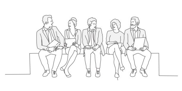 ilustraciones, imágenes clip art, dibujos animados e iconos de stock de grupo de empresarios sentados en una fila. - waiting businessman teamwork business
