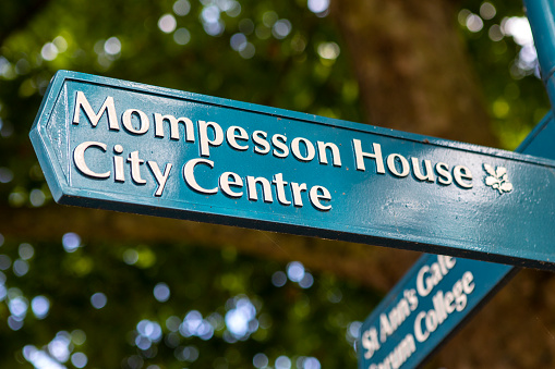 Salisbury, UK - August 2nd 2020: A direction sign pointing visitors into the direction of Mompesson House and the City Centre, in the city of Salisbury in the UK.