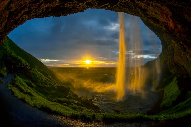 istock Seljalandsfoss waterfall against the backdrop of a bright sunset. Iceland 1268568923