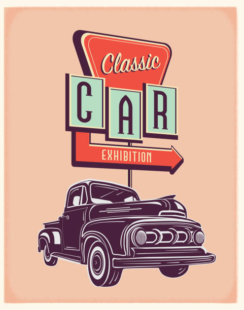 Retro Truck with Vintage Classic Car exhibition sign poster design Vector illustration of a retro truck with Classic Car exhibition sign. Retro color scheme with texture around edge. Includes text design. Royalty free vector eps 10. Fully editable. exhibition illustrations stock illustrations