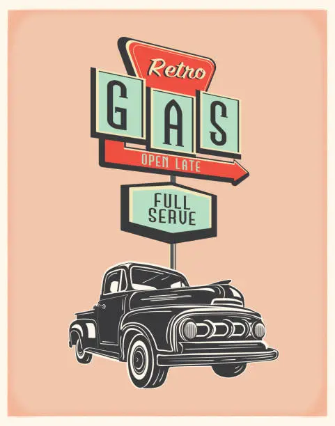 Vector illustration of Retro Truck with Vintage Gas Station sign poster design