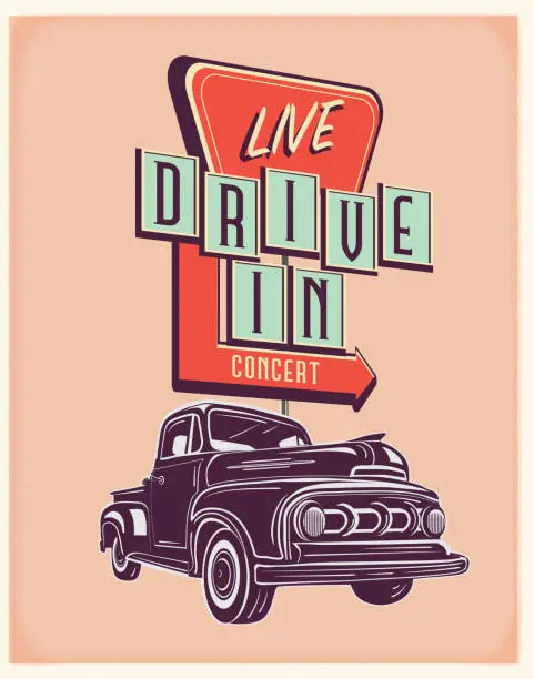 Vector illustration of Retro Truck with Live Drive In Concert sign poster design