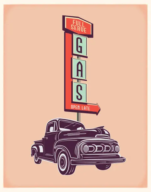 Vector illustration of Retro Truck with Vintage Gas Station sign poster design