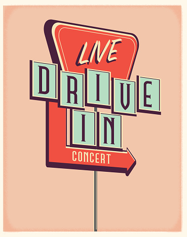 Vector illustration of a Live Drive In Concert sign. Retro color scheme with texture around edge. Includes text design. Royalty free vector eps 10. Fully editable.