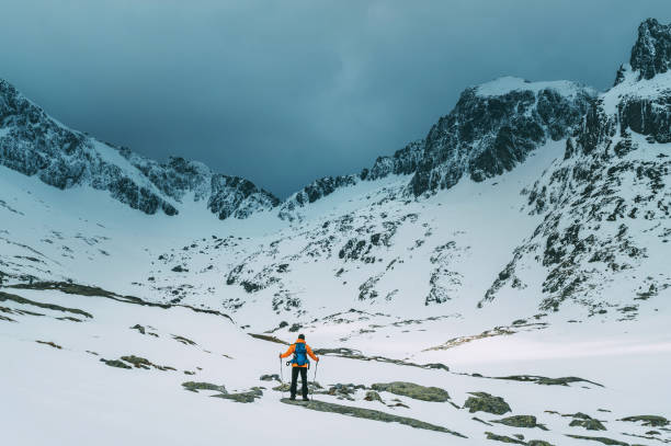 istock Dressed bright orange jacket backpacker man with trekking poles enjoying the mountain valley view during mountain walk in High Tatras, Slovakia. Active people concept 1268569894